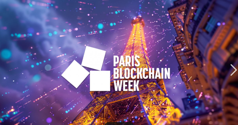 Paris Blockchain Week Paris Blockchain against gold shiny Effiel Tower