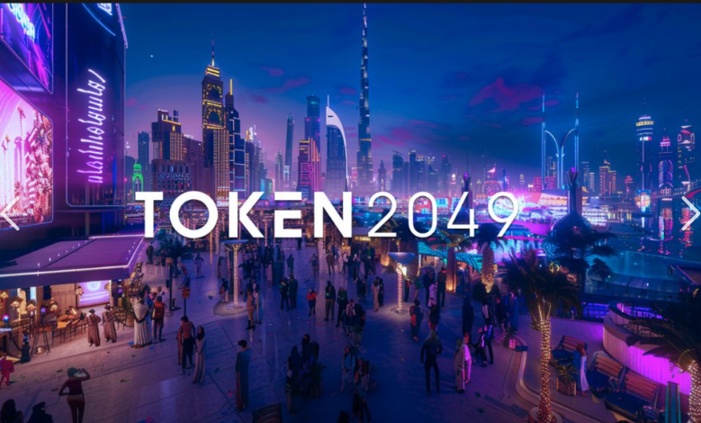 Token2049 Dubai Futuristic Purple, Pink Blue City white Token 2049 Logo
