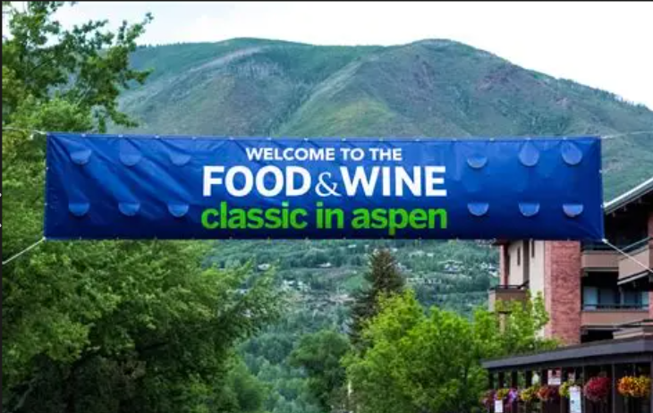 Aspen Food and Wine Banner over mountain picture in green