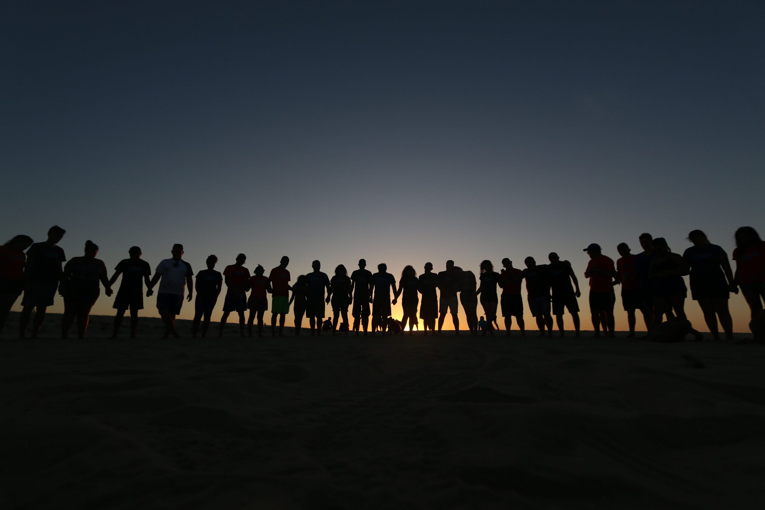 A large group holding hands as silhouettes during sunset, symbolizing unity and friendship.