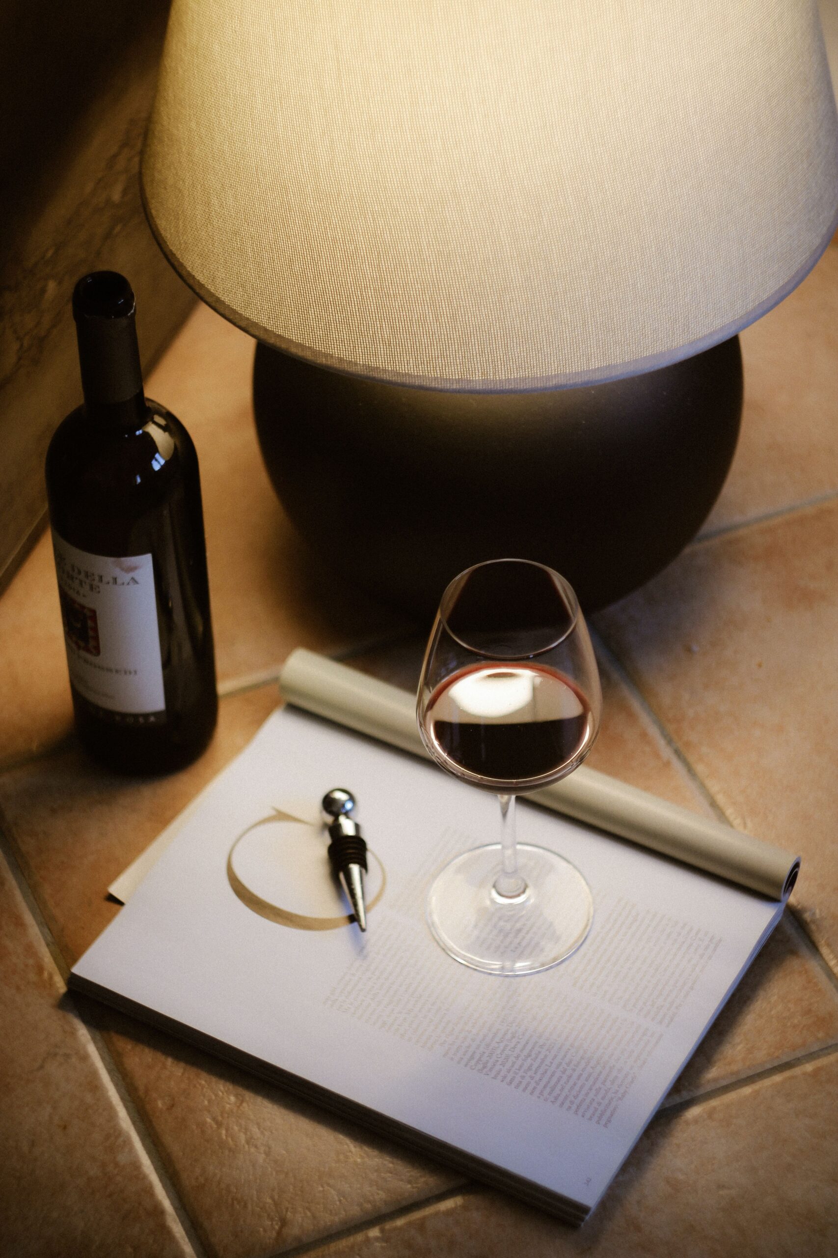 A warm and inviting scene with red wine, book, and soft lighting, perfect for a relaxing evening.