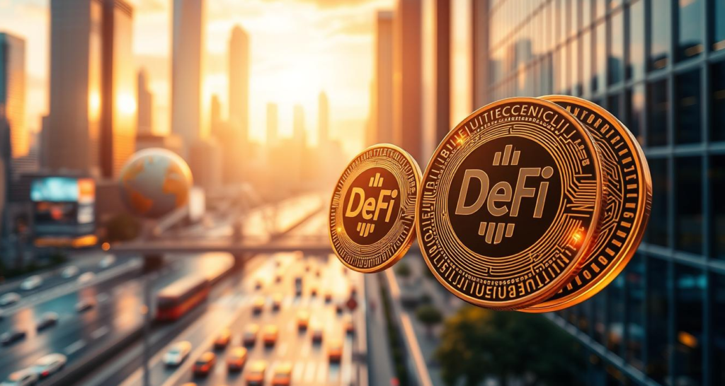 DeFi Is Working While Prices Stay Quiet Defi gold coins in a city