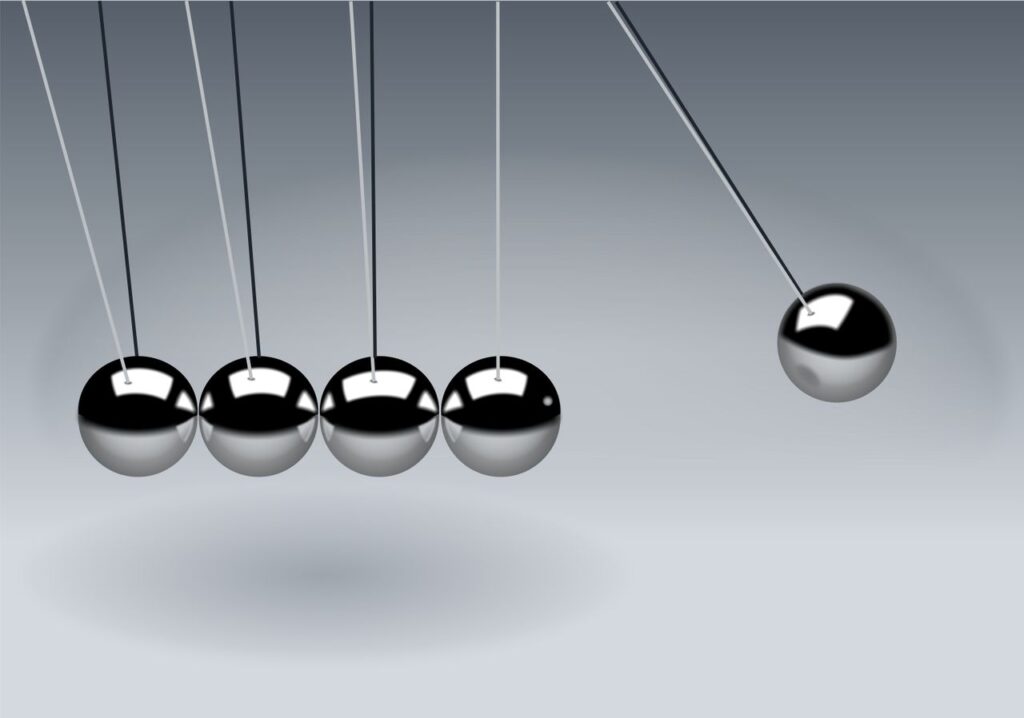 Perpetual Does Not Mean You Can Leave Dynamic illustration of Newton's Cradle showing motion and reflection concepts in physics.