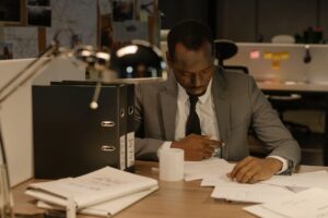 Articles Businessman focused on paperwork at his desk in a modern office setting.