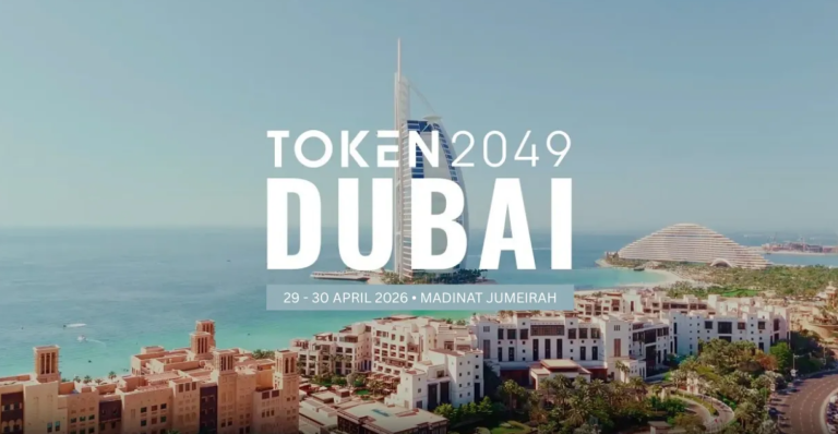 burj Khalif building with beach view and Token 2049 Dubai white inprint
