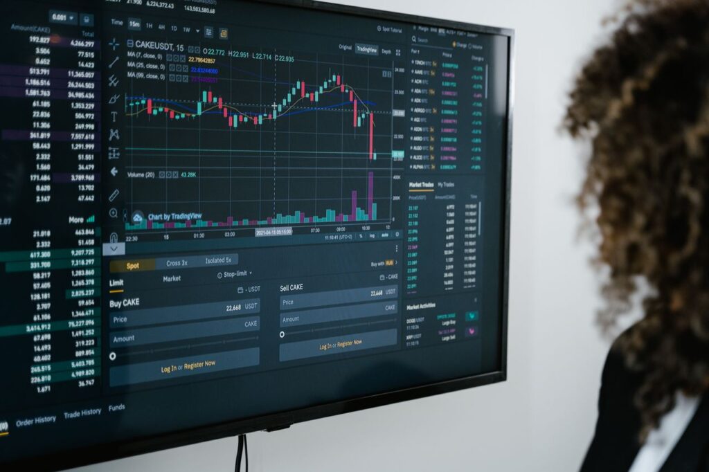 What the Stock Market Is Doing Detailed view of a financial analysis chart on a monitor with cryptocurrency trading data.