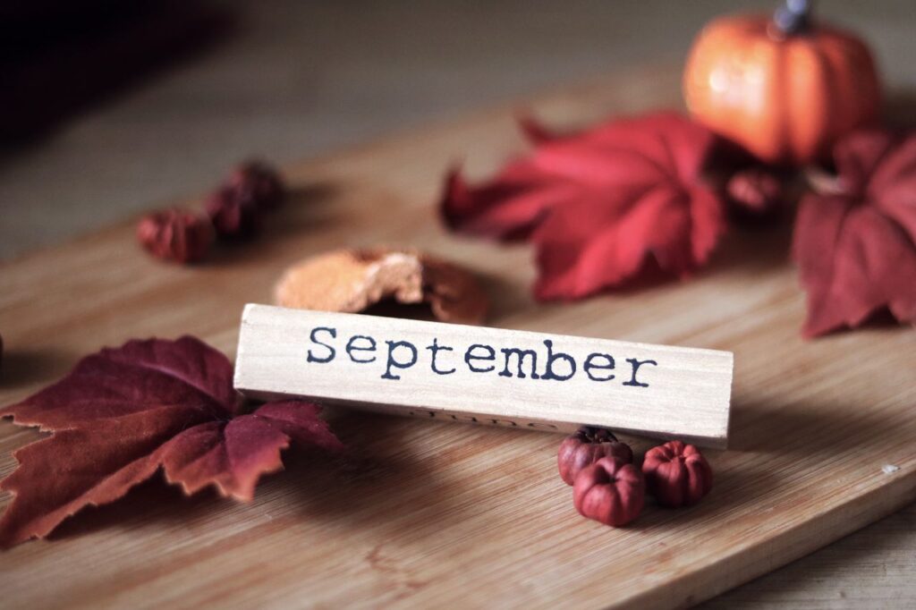 Four Months Left, Not Four Months Behind Rustic autumn decor featuring September sign, vibrant leaves, and mini pumpkins.
