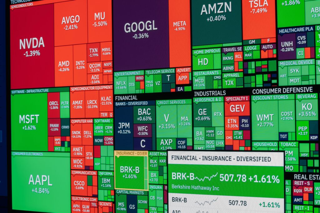 How to Invest in the S&P 500 from the UK Vibrant stock market heat map displaying various company performances on a monitor.