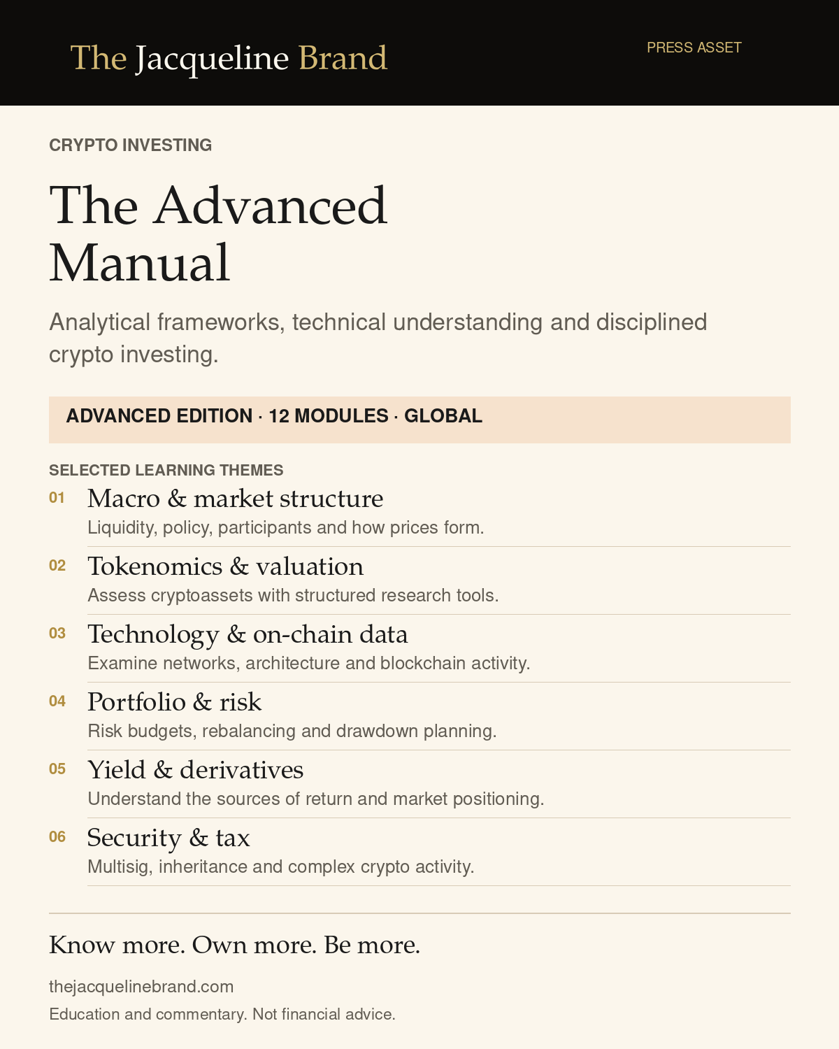 The Jacqueline Brand: Press Pack Crypto Investing: The Advanced Manual infographic