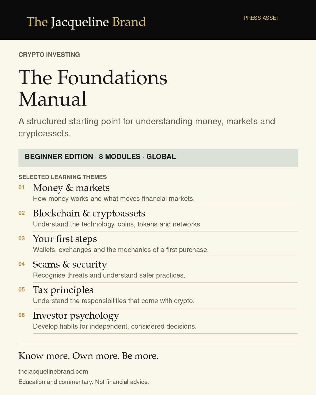 The Jacqueline Brand: Press Pack Crypto Investing: The Foundations Manual infographic